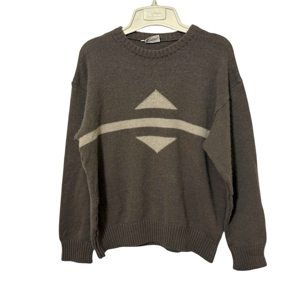 Vintage Baur Size 50 Tan White Geometric Pattern Knit Virgin Wool Sweater